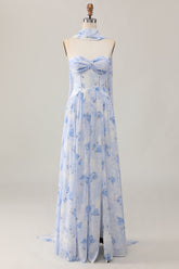 Blaues A-Linie Trägerloses Hochzeitsgastkleid mit Blume und Schlitz